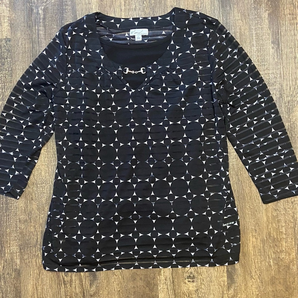 Kim Rogers Black‎ Sheer Polka Dot Layered Top Long Sleeved Classic Career Large